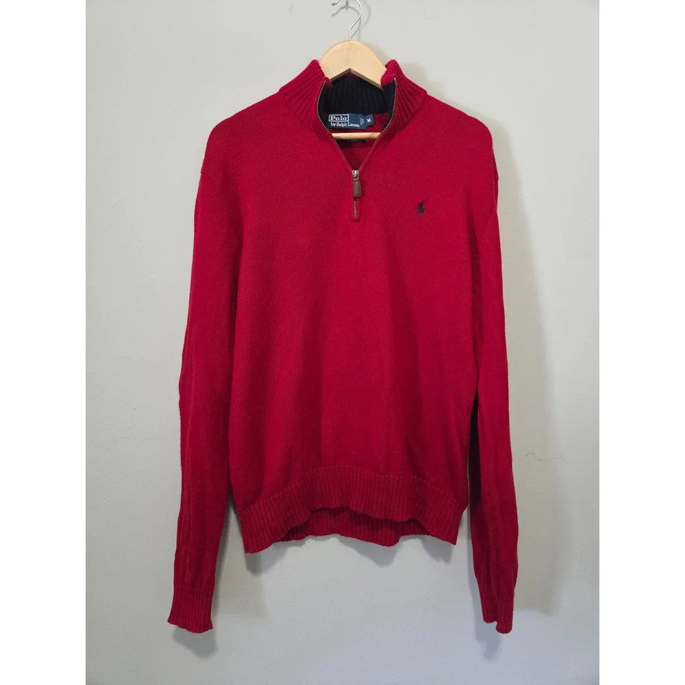 Polo Ralph Lauren Mens Red 100% Cotton Quarter Zip Pullover Sweater Medium